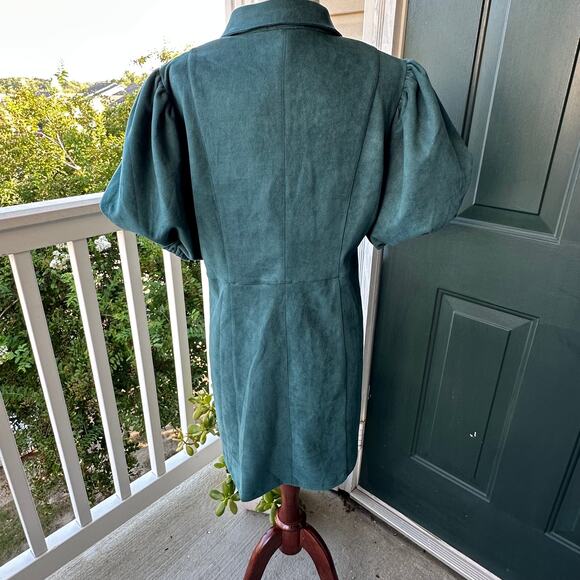 NWT THML Regine Faux Leather Puff Sleeve Shirt Dress Teal Green L Cottage Fall - Picture 7 of 10